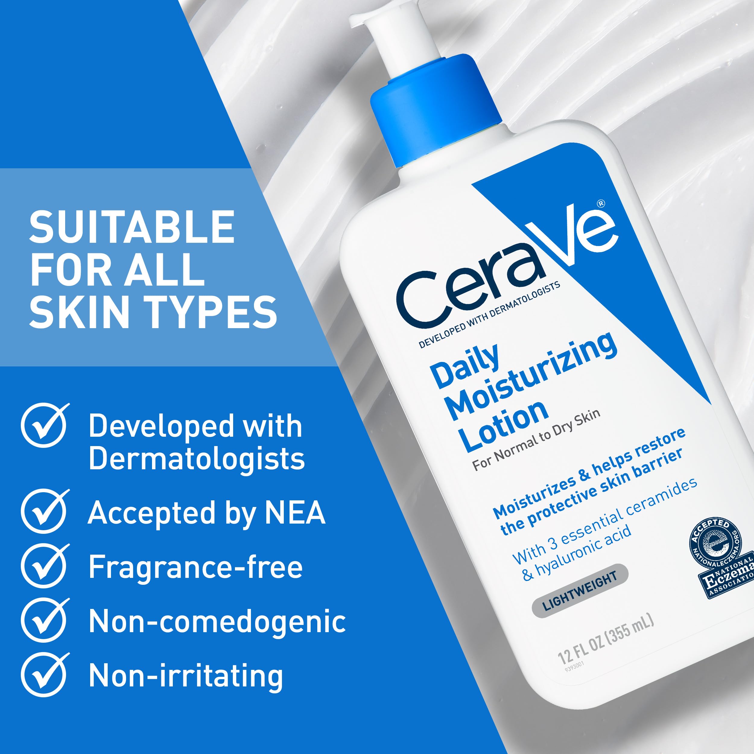 CeraVe Daily Moisturizing Lotion for Dry Skin, Body Lotion & Face Moisturizer with Hyaluronic Acid and Ceramides, Daily Moisturizer, Fragrance Free, Oil-Free, 19 Ounce
