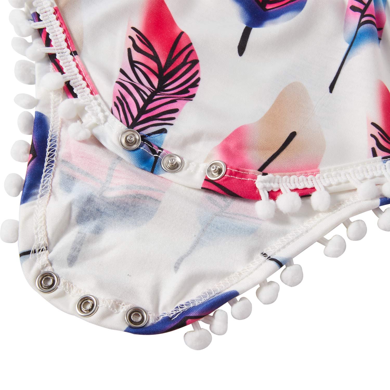 Infant Baby Rompers Cotton Feather Printed Jumpsuits Toddler Girls Onesie Sets Pompom Bodysuits Sleevelss Round Neck Clothes 2 Pcs Sets with Headband