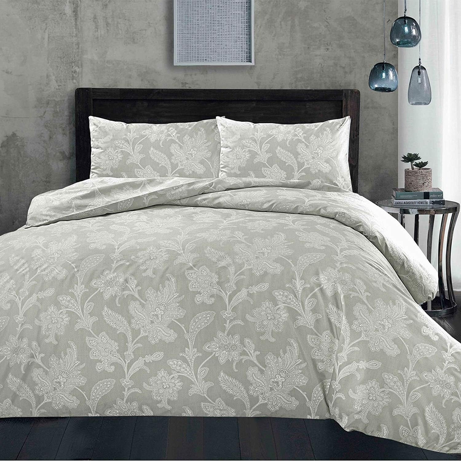 Nimsay Home Chambray Soft Fil-a-Fil Lace Floral Duvet Cover Set Polycotton Bedding Set - Dark Grey, King