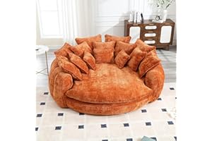GOHFOY 81.1"W Oversized Round Chaise Lounge Chair Indoor, Extra Wide Round Couch for 2 People, Upholstered Barrel Chair with 14 Pillows, Comfy Cloud Reading Couch Fluffy Sleeper Sofa for Living Room (Orange)