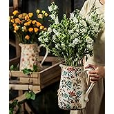 Vintage Colorful Flower Ceramic Vase with Handle, Retro Ice Glazed Crack Farmhouse Pitcher Vase for Home Decor, Living Room, Shelf, Office, Rustic Table Centerpiece 9 Inch