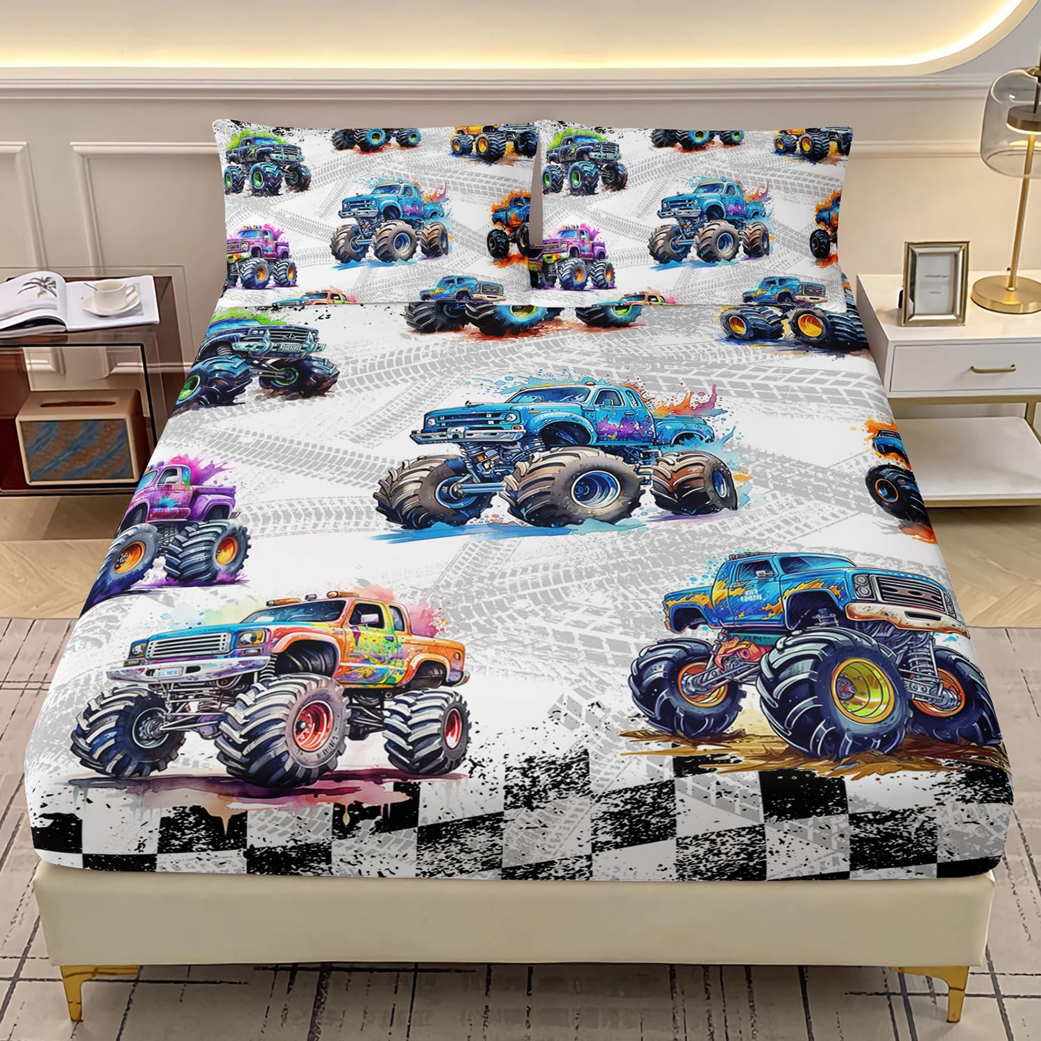 Photo 1 of ***MISSING TOP SHEET*** AILONEN 3-Piece Colorful Monster Truck Bedding Sets Full Size,Featuring Cartoon Trucks and Checkered Flag Pattern Fitted Sheet Set Perfect for Kids Rooms,1 Sheet Set + 2 Pillowcases,Soft Comfortable