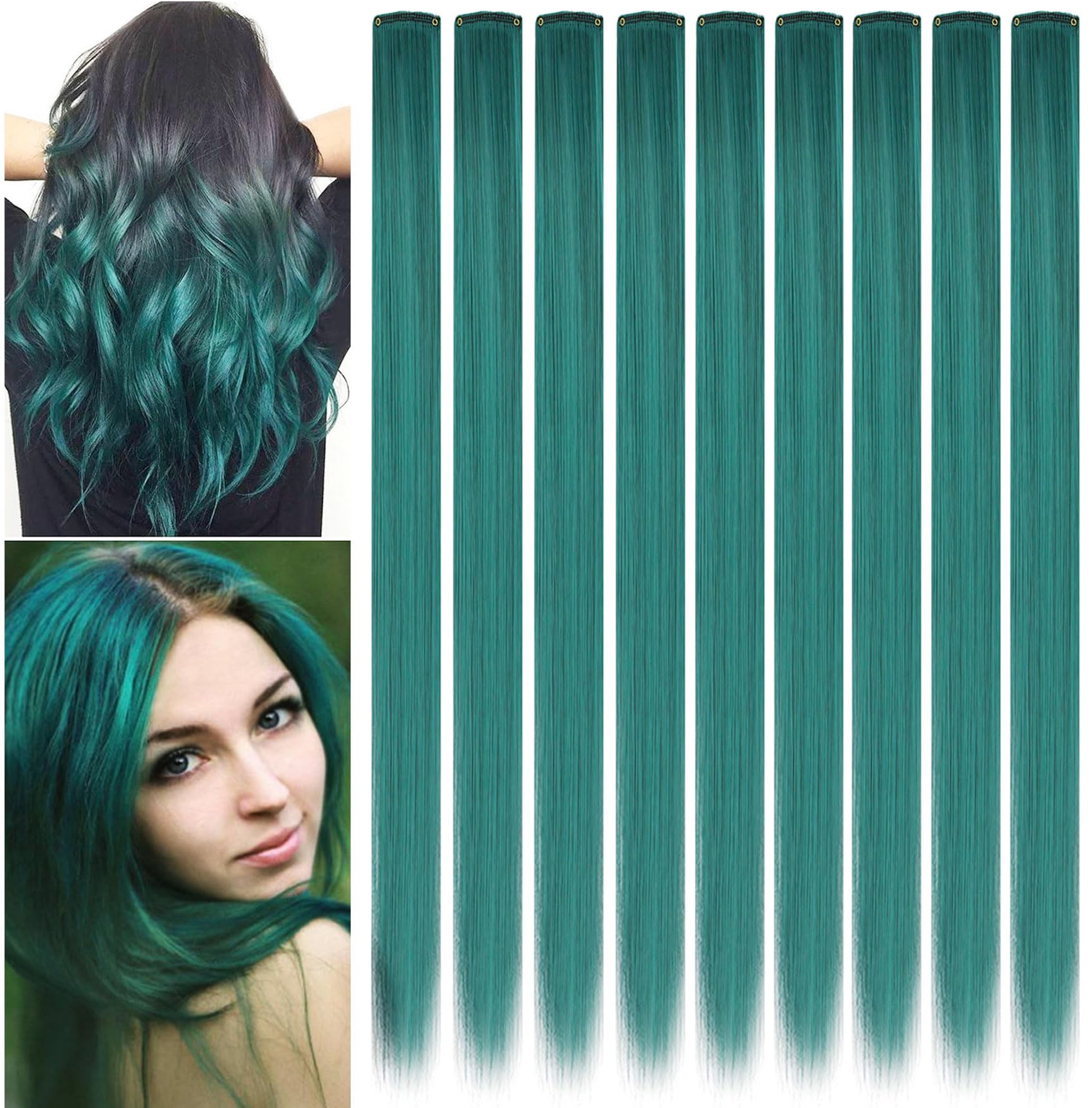 ZHAOWWEI Princess Green Hair Extensions Multi-Colors Party Streak Synthetic Hairpieces Clip-In Colored Hair Extensions (Dark teal)