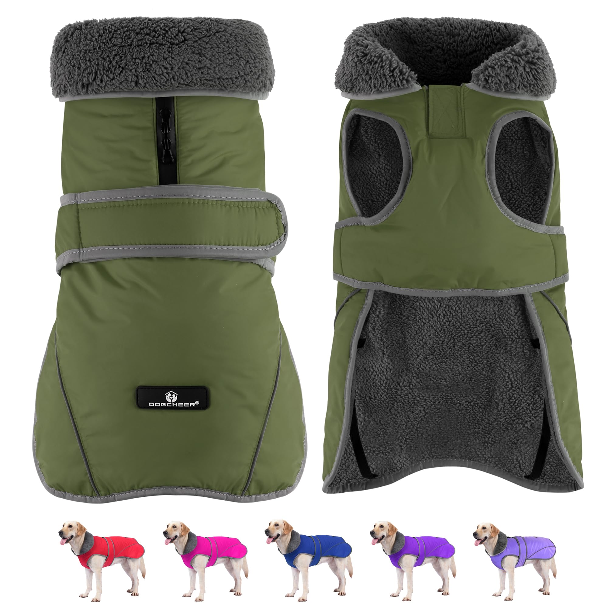 Dogcheer Dog Coat, Waterproof Dog Jacket Reflective Pet Winter Coat with Adjustable Hook & Loop, Christmas Puppy Fleece Jacket Warm Turtleneck Snowsuit for Small Medium Large Dogs - Green, XL Image