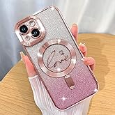 ZIYE Magnetic Case Designed for iPhone 13 Glitter Case Luxury Plating Love Heart Compatible with MagSafe Clear Case with Camera Protector Protection Shockproof Cover for Women Girls-Pink