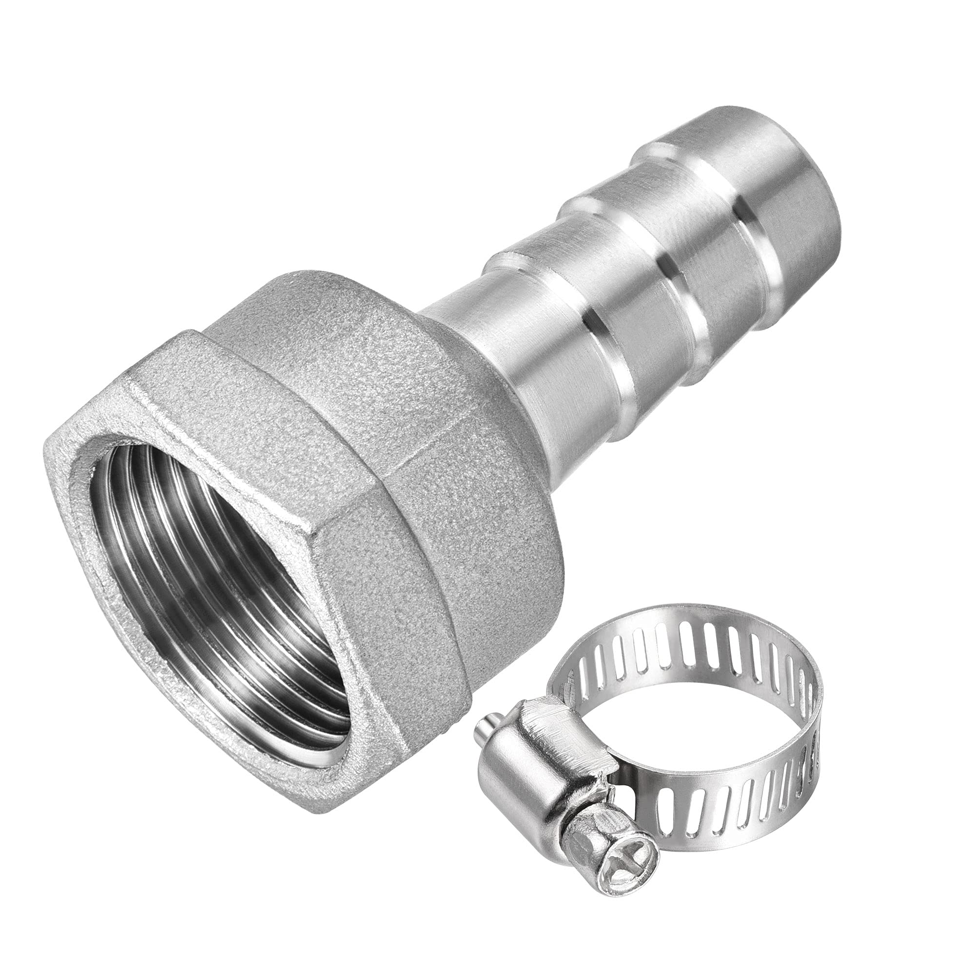 sourcing map 304 Stainless Steel Barb Hose Fitting Connector Adapter 15mm Barb x 3/4PT Female Pipe with 13-19mm Hose Clamp