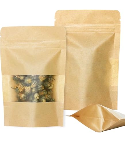 Naisfei 50 Pack Kraft Stand Up Pouches With Window - 3.5x5.5 Inch Reusable Ziplock Bags For Food Storage, Coffee, Tea, Snacks