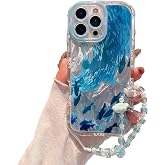 Pretaco for iPhone 14 Case, Blue Dolphin Pattern Design,Glitter Sparkling Laser Case,2-in-1 with Beaded Wrist Strap,Soft TPU Frame, Shockproof and Anti-Shock, Suitable for Women &amp; Girls