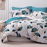 MILDLY 100% Long-Staple Cotton Duvet Cover Set Teal Green Gingko Leaf Pattern Printed Comforter Cover 3pcs, Ultra Soft & Breathable Bedding Set