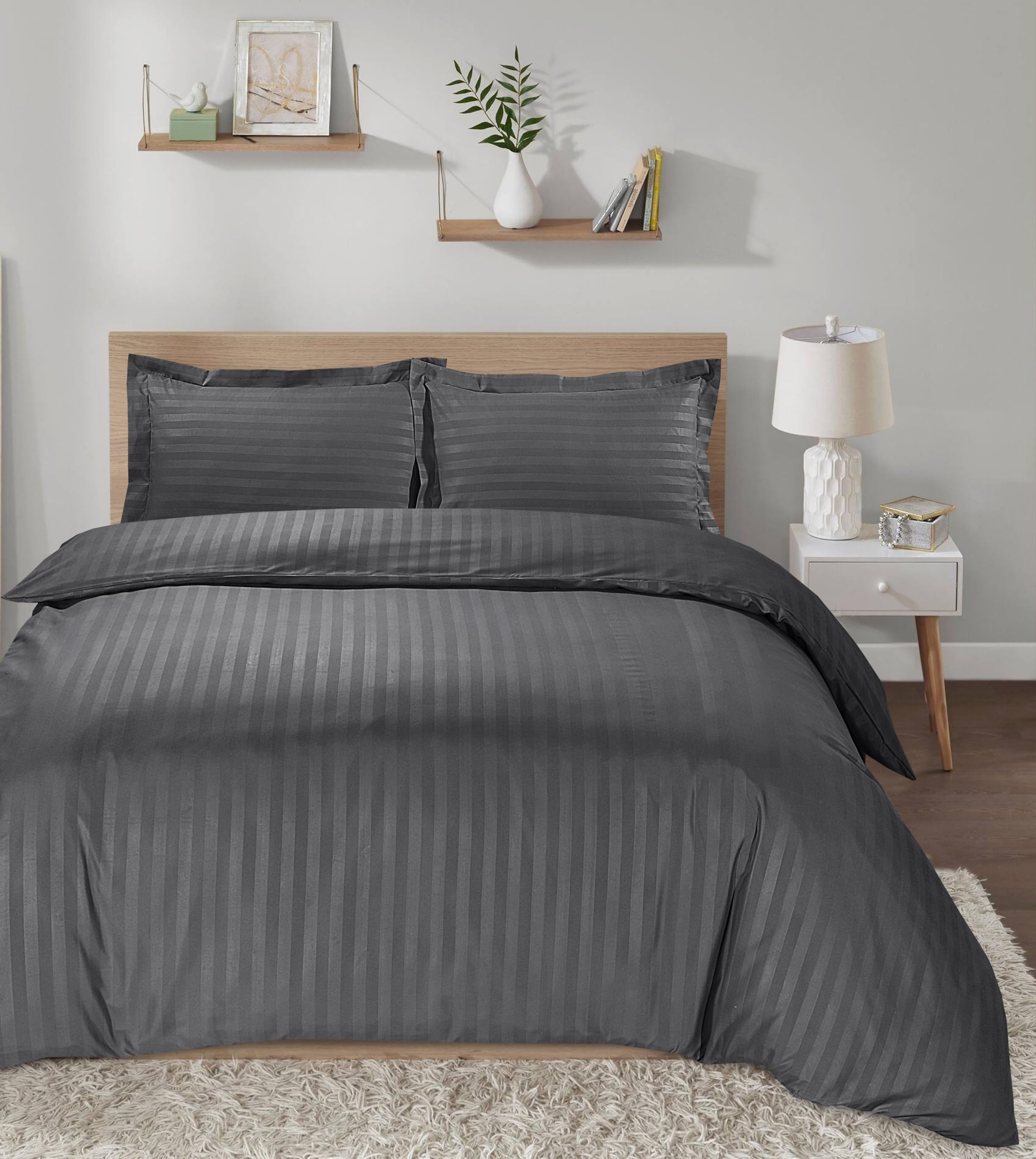 Casabella Satin Stripe Duvet Cover Sets, Luxurious Double Grey Bedding with Satin Stripes, Duvet Cover Set, Hotel Quality Double Duvet Set & Pillowcases, Grey Duvet Cover