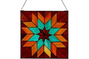 RIVER OF GOODS 12" H Quilt Block Star Stained Glass Window Hanging Panel for Home Decor - Vintage Wall and Window Stained Glass Panels - 12" L x 0.25" W x 12" H