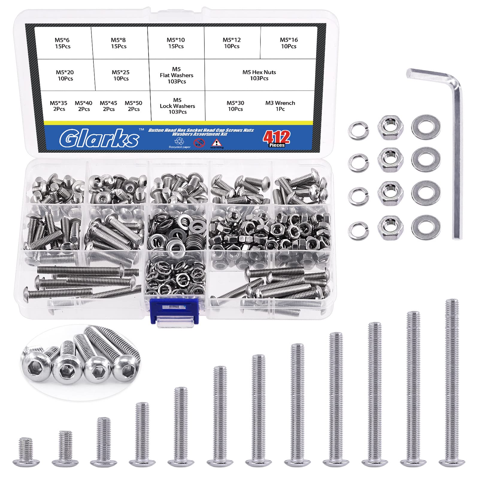 Glarks 413Pcs M5 Stainless Steel Button Head Hex Socket Cap Screw Bolt and Nut Assortment Kit with Hex Nuts, Flat Washers, Lock Washers for Machinery Furniture Car Repair