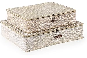 BTSKY Set of 2 Woven Storage Baskets with Lid, Retro Straw Storage Organizer for Home/Office Supplies Such as Towels, Clothin