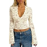 APRROOT Women's Lace Long Sleeve Tops Deep V Neck Bell Sleeve Y2K Crop Going Out Top Sexy Sheer Slim Fitted T Shirt