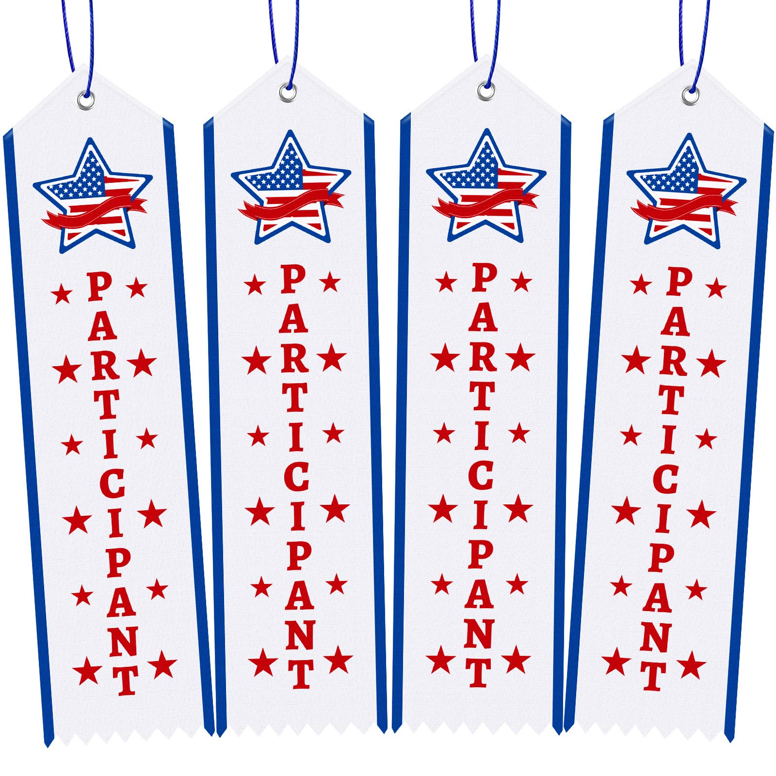 Photo 1 of Crowye 50 Pcs Participant Award Ribbons with Card String Patriotic Participation School Field Day Ribbons for Sports Team Competition Office Event Commemorative Party, White, Blue and Red