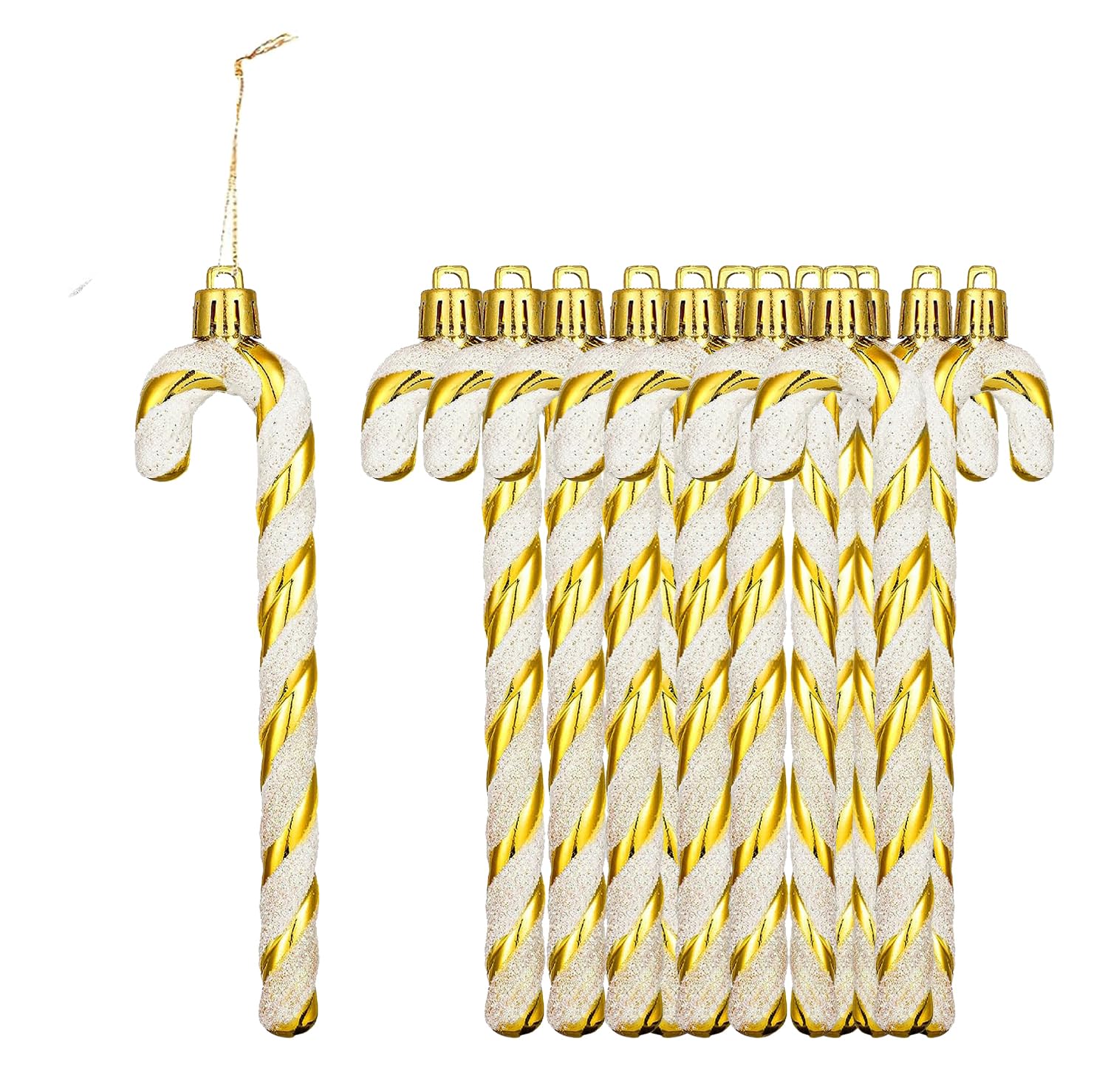 HERZWILD 12Pcs Golden Glitter Candy Cane Christmas Tree Decorations - Plastic Candy Cane Tree Hanging Pendant Ornaments for Holiday Party Decoration Favors