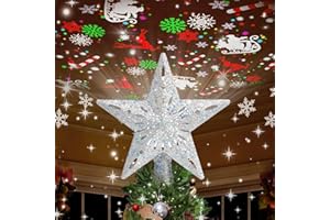 Kesfitt Christmas Tree Topper Sliver Lighted with 6 Projection Modes,Christmas Star Tree Topper Built-in LED Rotating Lights, 3D Glitter Dynamic Projection for Xmas Party Holiday Decorations