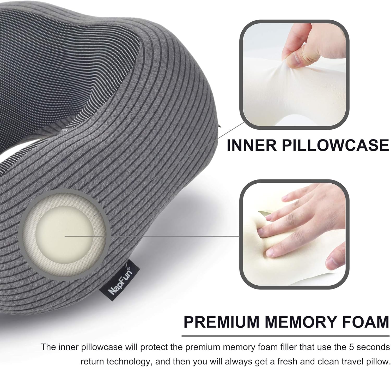 napfun Neck Pillow for Traveling, Upgraded Travel Neck Pillow for Airplane 100% Pure Memory Foam Travel Pillow for Flight Headrest Sleep, Luxury Plane Accessories, Dark Grey: Kitchen & Dining