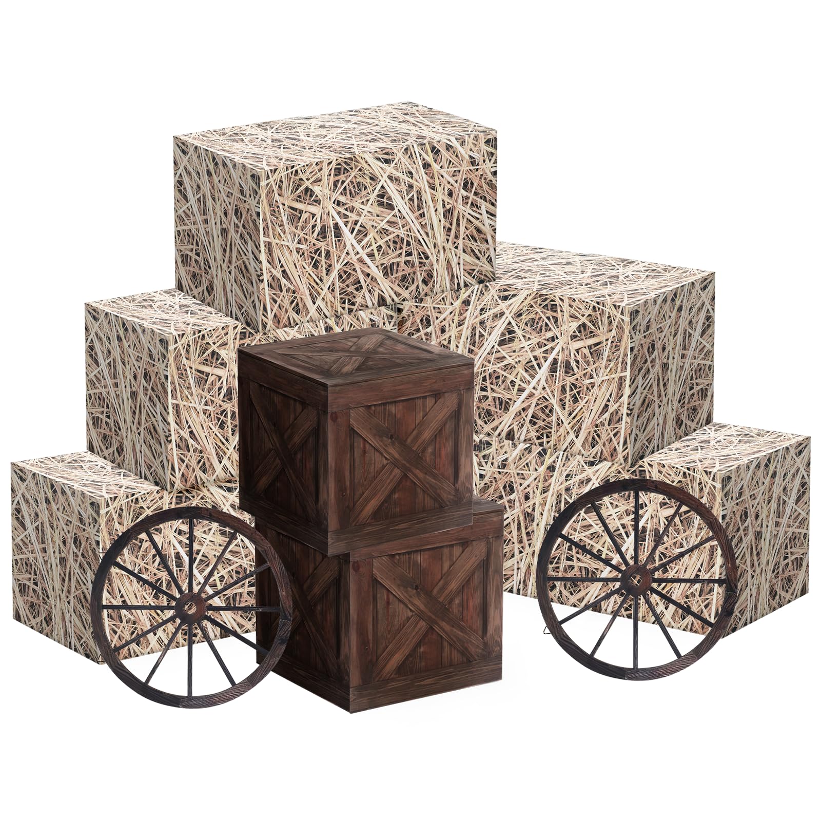 Photo 1 of 10 Pcs Rectangle Western Party Decorations Hay Bales for Decoration Including Straw Boxes & Wagon Wheel Wild West Photo Booth Props for Rodeo Party Decorations Birthday Favors