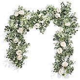 Der Rose 2Pcs 13FT Artificial Eucalyptus Flower Garland with Fake Rose Flower Vine Seeded Eucalyptus Leaves Greenery Garland for Wedding Table Runner Backdrop Party Centerpiece Decor (White)