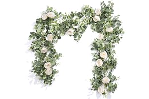 Der Rose 2Pcs Artificial Eucalyptus Flower Garland with Fake Rose Flower Vine Seeded Eucalyptus Leaves Greenery Garland for Wedding Table Runner Backdrop Party Centerpiece Decor (White-Total 13FT)