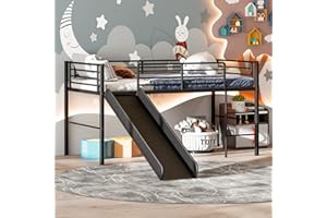 Giantex Twin Loft Bed with Slide, Metal Low Bunk Bed w/Safety Guardrails & Built-in Ladder, Toddler Bed Floor Frame for Boys & Girls, No Box Spring Needed (Black)