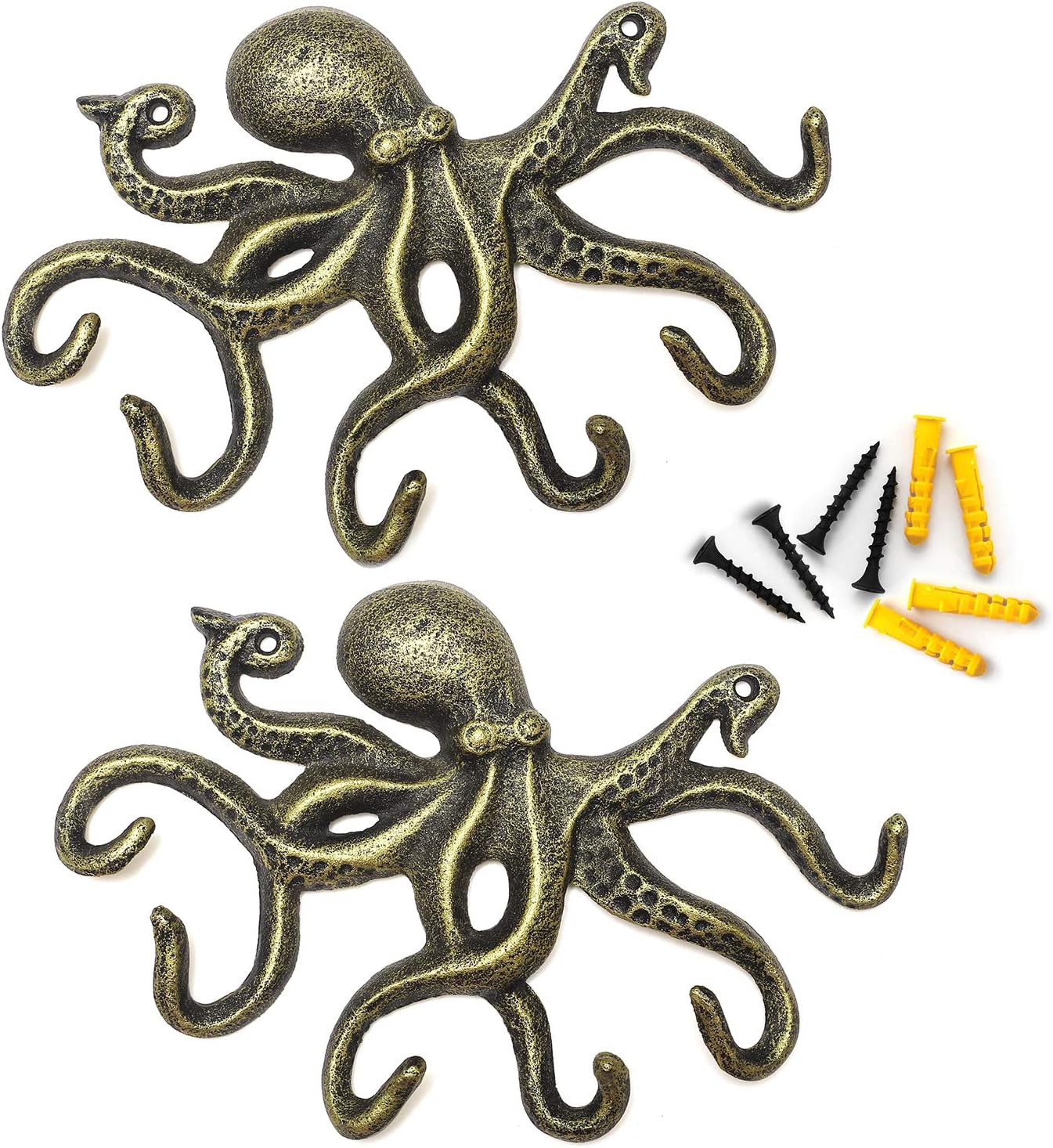 Coat Hooks for Wall Decorative Rustic Octopus Key Holder, Cast Iron 10 Inch Key Hook with 6 Tentacles, Set of 2 Bronze