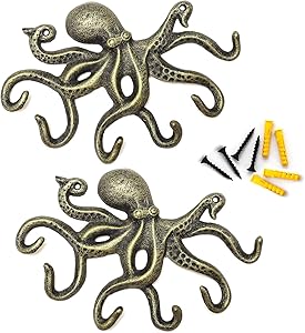 Coat Hooks for Wall Decorative Rustic Octopus Key Holder, Cast Iron 10 Inch Key Hook with 6 Tentacles, Set of 2 Bronze