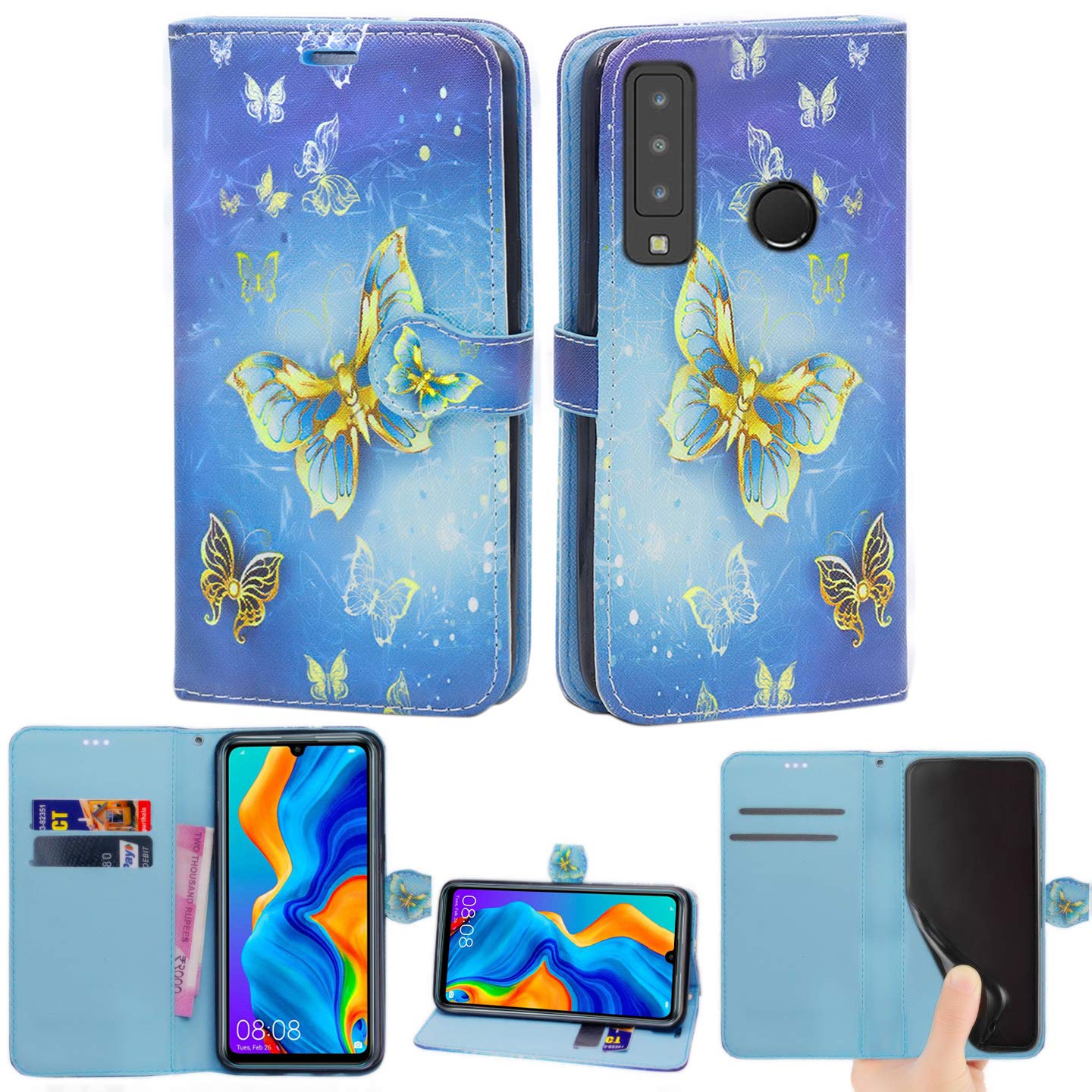 Huawei P30 Lite Case, Leather Wallet with Flip Cover, Credit Card Pockets and Stand Compatible with Huawei P30 Lite (Butterfly Gold)