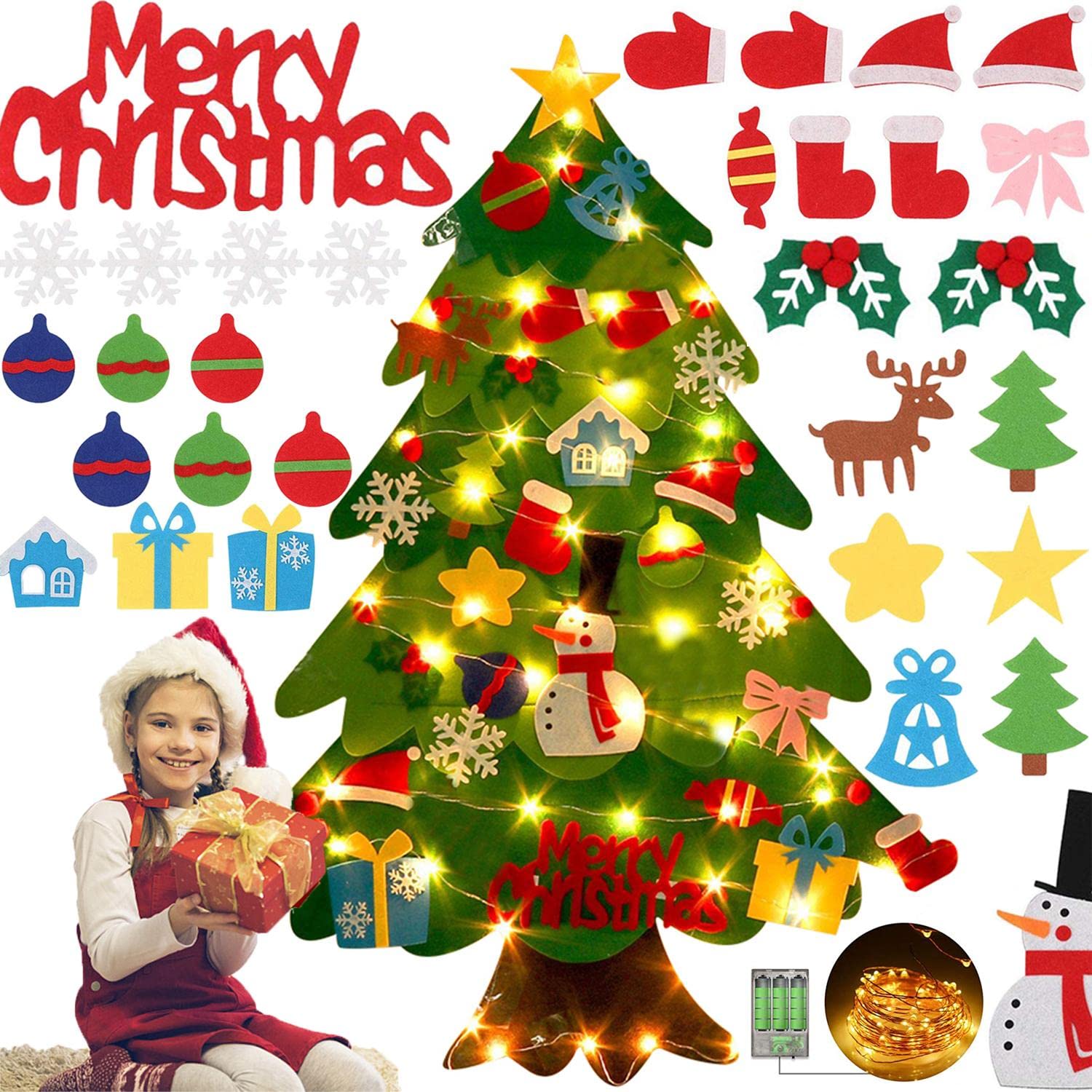 HWGING Felt Christmas Tree, Kids Christmas Tree with 33pcs Ornaments, Xmas Gifts for Kids, Handmade Christmas Door Wall Hanging New Year Christmas Decorations