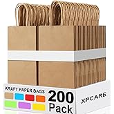 XPCARE 200Pcs Paper Gift Bags 5.25x3.25x8.25'',Gift Wrap Bags with Handles Brown Kraft Paper Bags for Small Business Paper Bags Bulk for Birthday Party Favors Shopping Retail