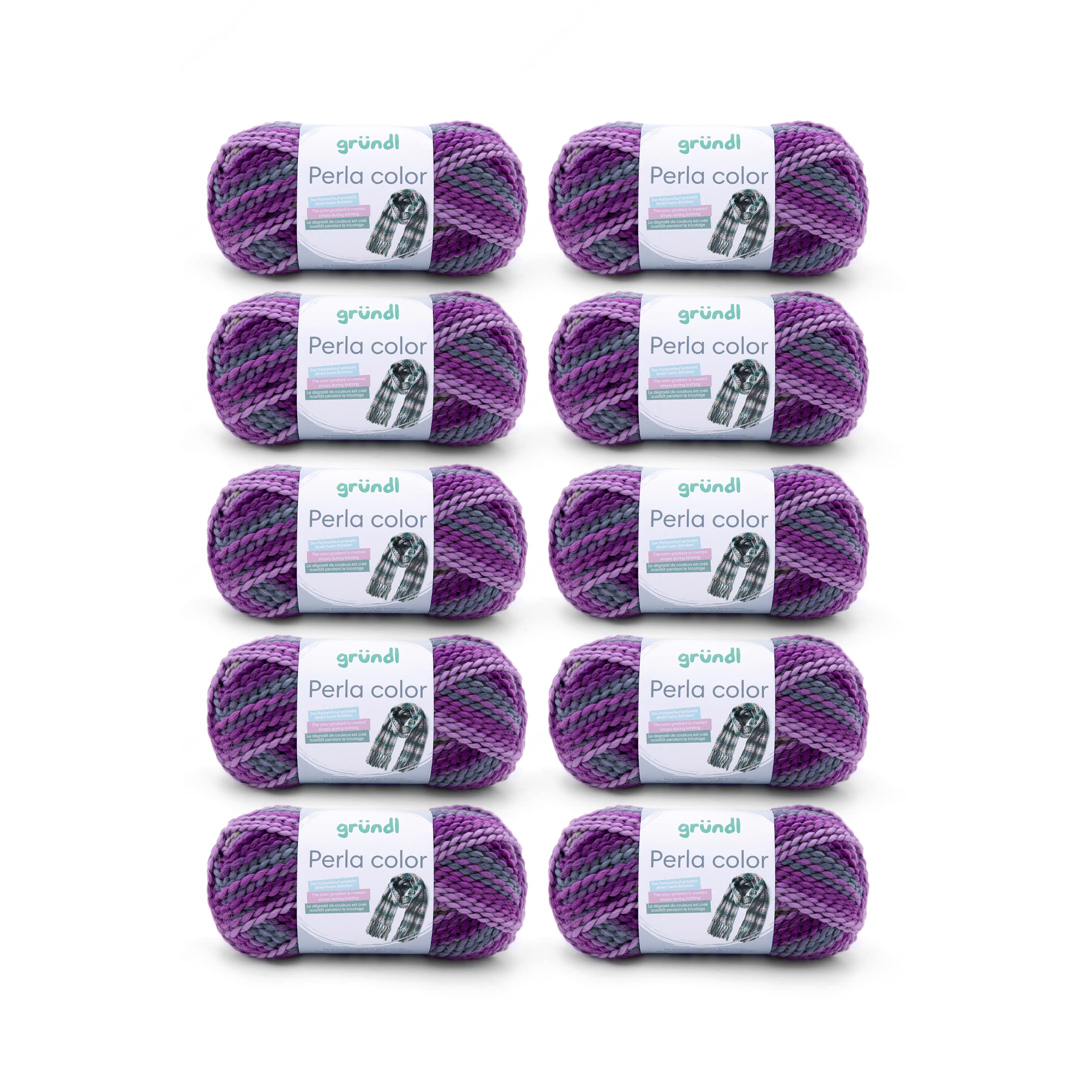 Gründl Wool Perla Colour (Wool-Like Hand Knitting Yarn Made from 100% Polyester, 100 g / 90 m, Needle Size: 8-9, 10 x 100 g), Purple, Pearl-Grey-Lilac-Pine