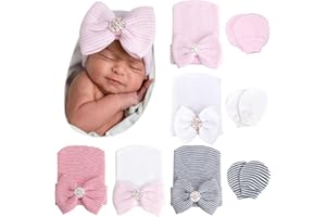 DRESHOW BQUBO Newborn Baby Caps Mittens for Baby Girls Set Hospital Hat Beanie Infant Hats with Bow Baby Scratch Gloves