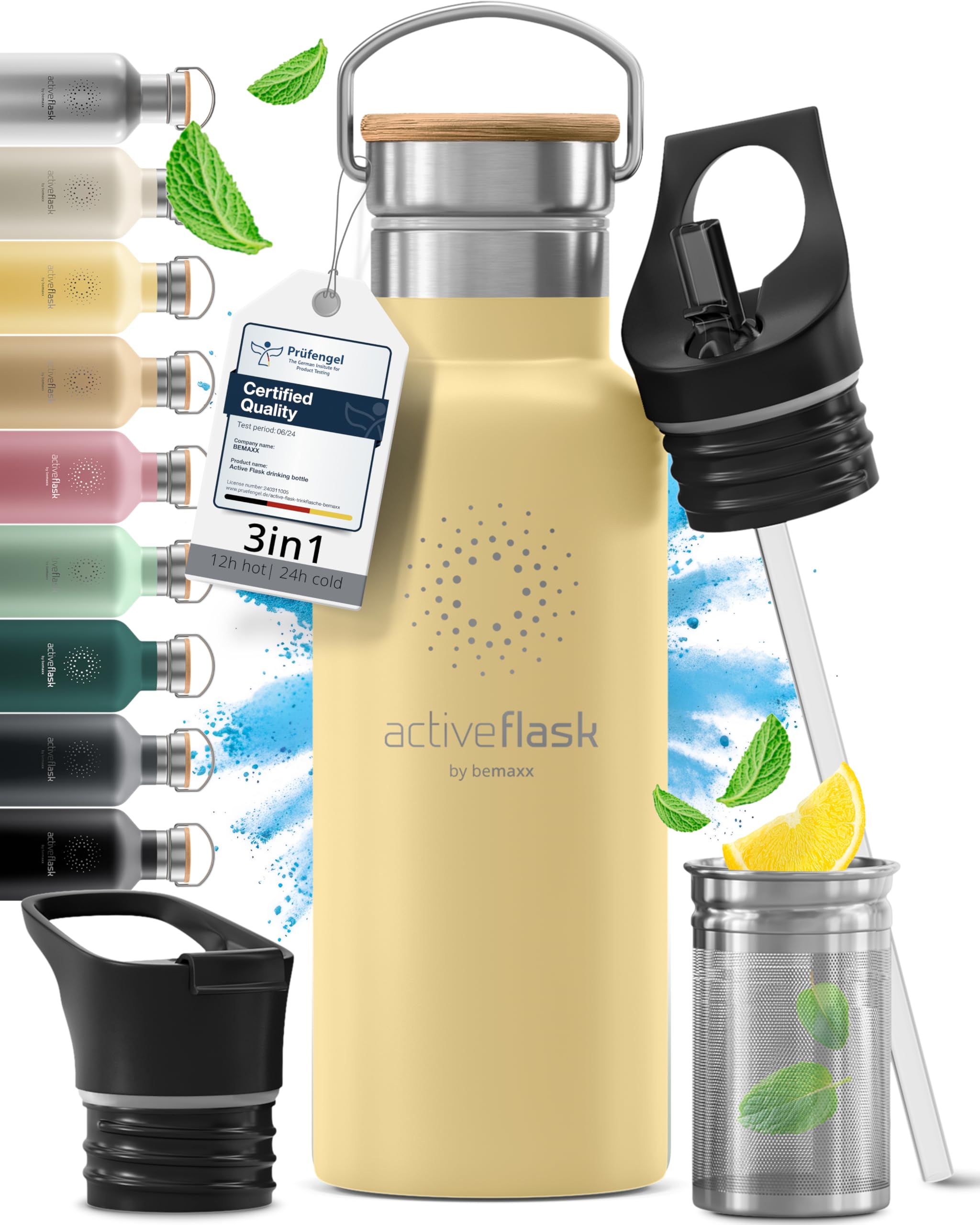 Stainless Steel Water Bottle with Straw, Infuser & 3 Lids: 1 & 0,5L Leak-Proof Vacuum Insulated ACTIVE FLASK Drinking Bottles Hot Cold: Double Walled Outdoor Drink Thermo Mug Tea Coffee Sport Gym Bike — image 1