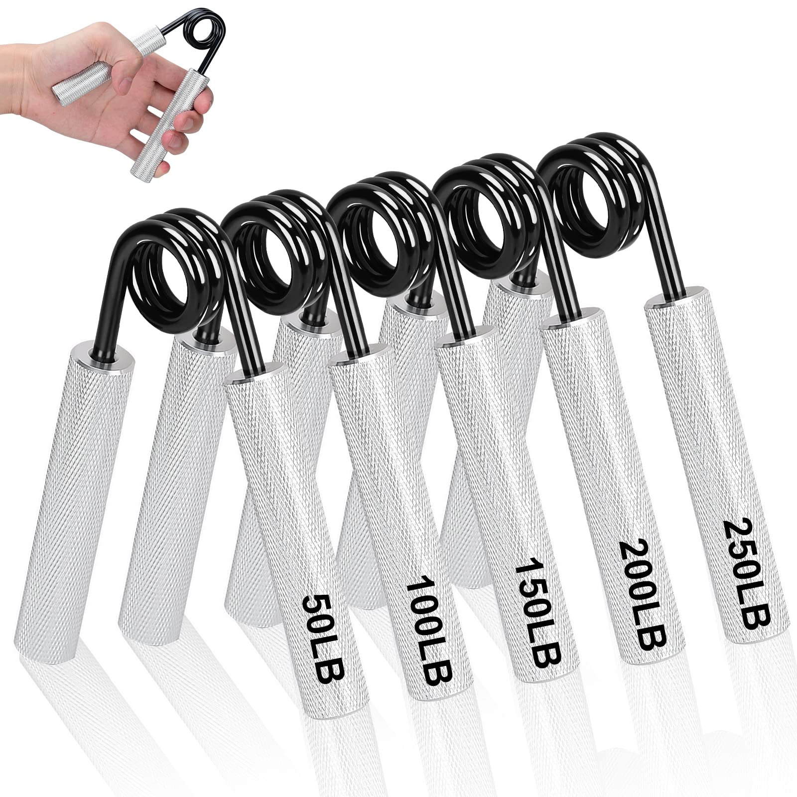 COVVY Grip Strengthener Set, Silver (50,100,150,200,250lbs) - Aluminum Knurled Handles, High-Strength Springs - Home Gym Fitness Equipment for Rock Climbers, Weightlifters, Athletes