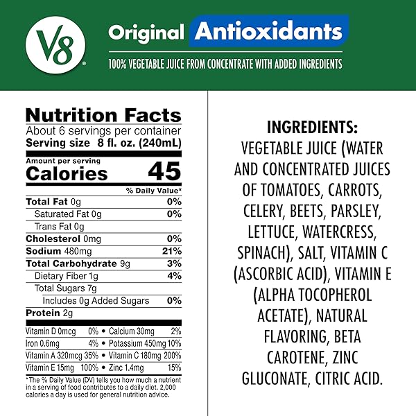V8 ANTIOXIDANTS ORIGINAL 100% VEGETABLE JUICE, 46 FL OZ BOTTLE