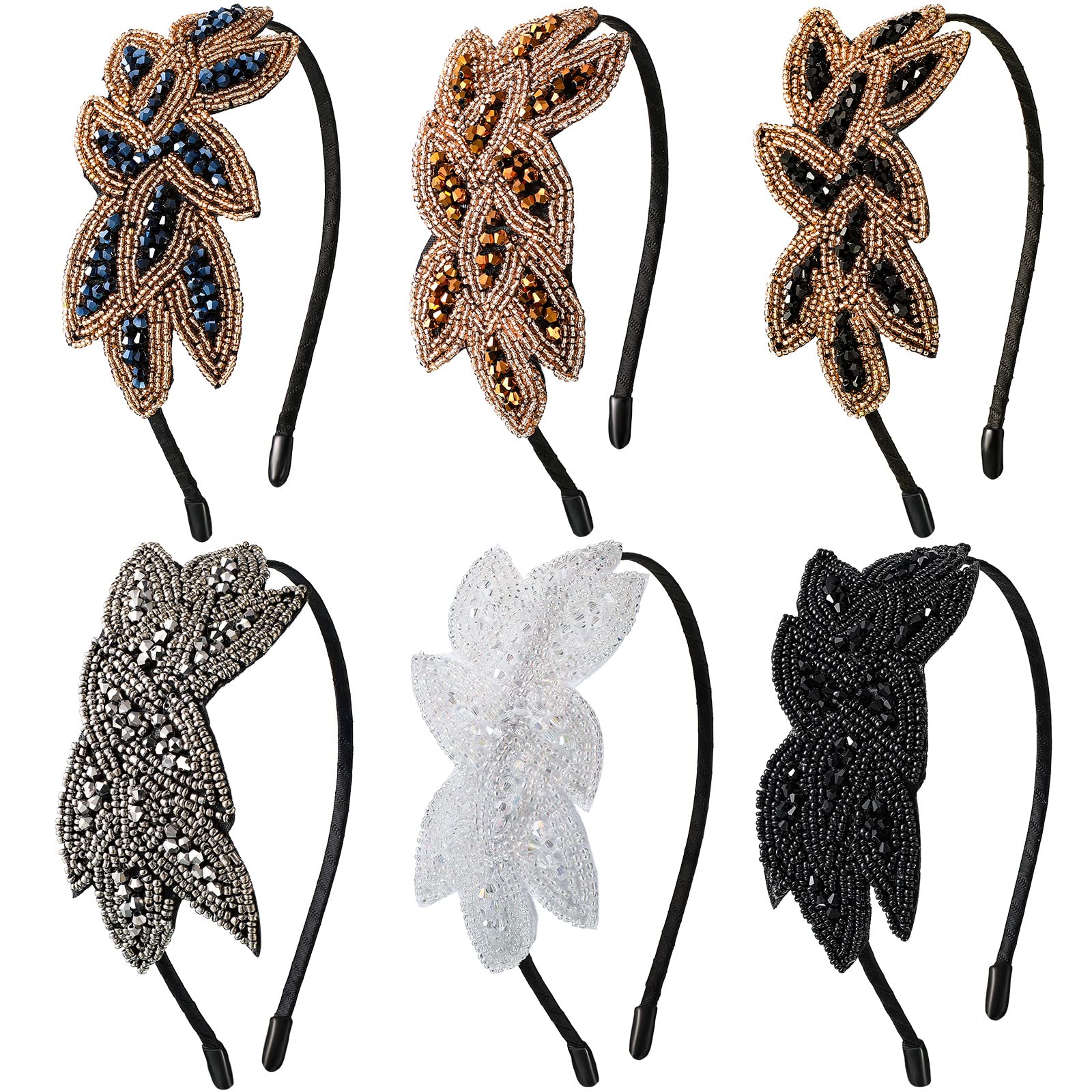 Photo 1 of Jutom 6 Pieces Flapper Headband Floral Leaf Flapper Headpiece Rhinestone 1920s Headband Vintage Headpiece for Women Crystal Beaded Hairband Hair Accessory for Costume Party, 6 Styles