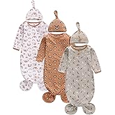 Newborn Knotted Nightgown Long Sleeve with Matching Hat Set 3 Pack, Unisex Baby Sleeper Gowns Coming Home Outfits Set with Mitten Cuffs for Boys Girls