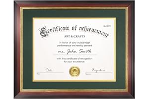 Yaetm 11x14 Diploma Frame with Mat for 8.5x11 Certificate, Mahogany Document Frame with Green Over Gold Acid-free Mats & Tempered Glass, Tabletop or Wall Mount, Single, Mahogany/Green