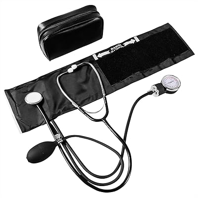 White Coat Deluxe Aneroid Sphygmomanometer Professional Manual Blood Pressure Cuff Monitor with Adult Sized Black Cuff Plus White Coat Stethoscope and LED Penlight with Pupil Gauge