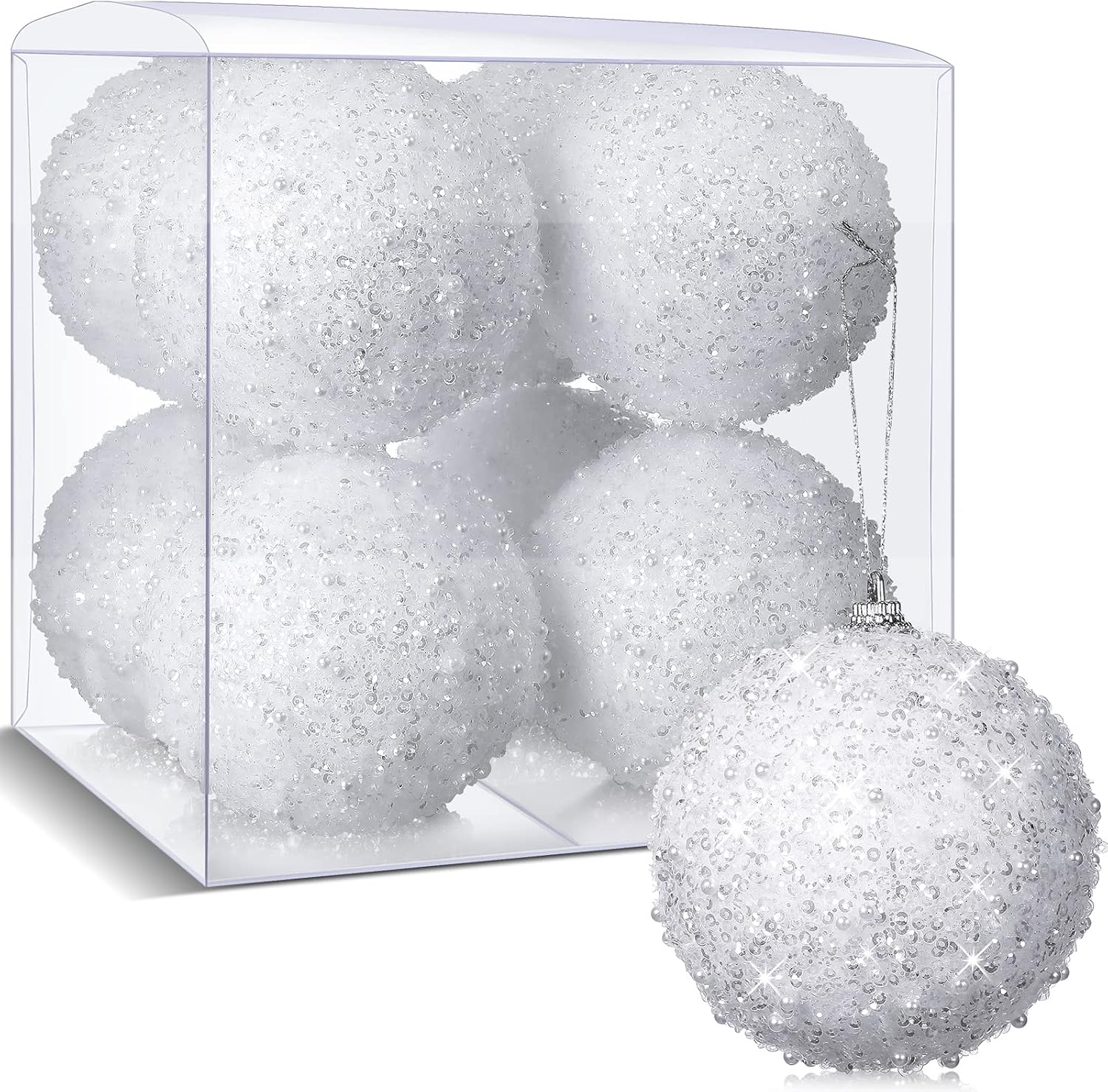 Ornaments - BBTO 8 Pcs 4 Inch Ball Valentine's Day Christmas Tree Ornaments Glitter Sequin Foam Ornaments Hanging Christmas Ball Decorations (White)