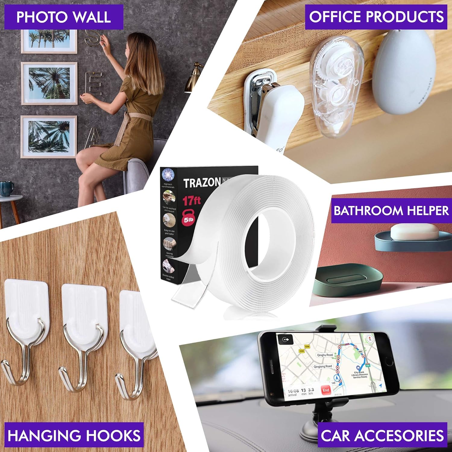 Double Sided Tape for Walls - Heavy Duty Removable Mounting Tape - Strong Adhesive, Washable and Reusable - Wall Tape for Picture Photo Carpet Decoration - Poster Tape Roll 17ft, 1.18inch: Industrial & Scientific