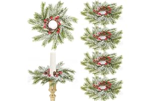 YLOLUL 6 PCS Christmas Pine Taper Candle Rings Wreaths 1.38" Mini Snowy Pine Taper Candle Holder Wreaths Candle Rings with Berry Pinecones for Xmas Winter Church Home Table Centerpiece Candlesticks Decor
