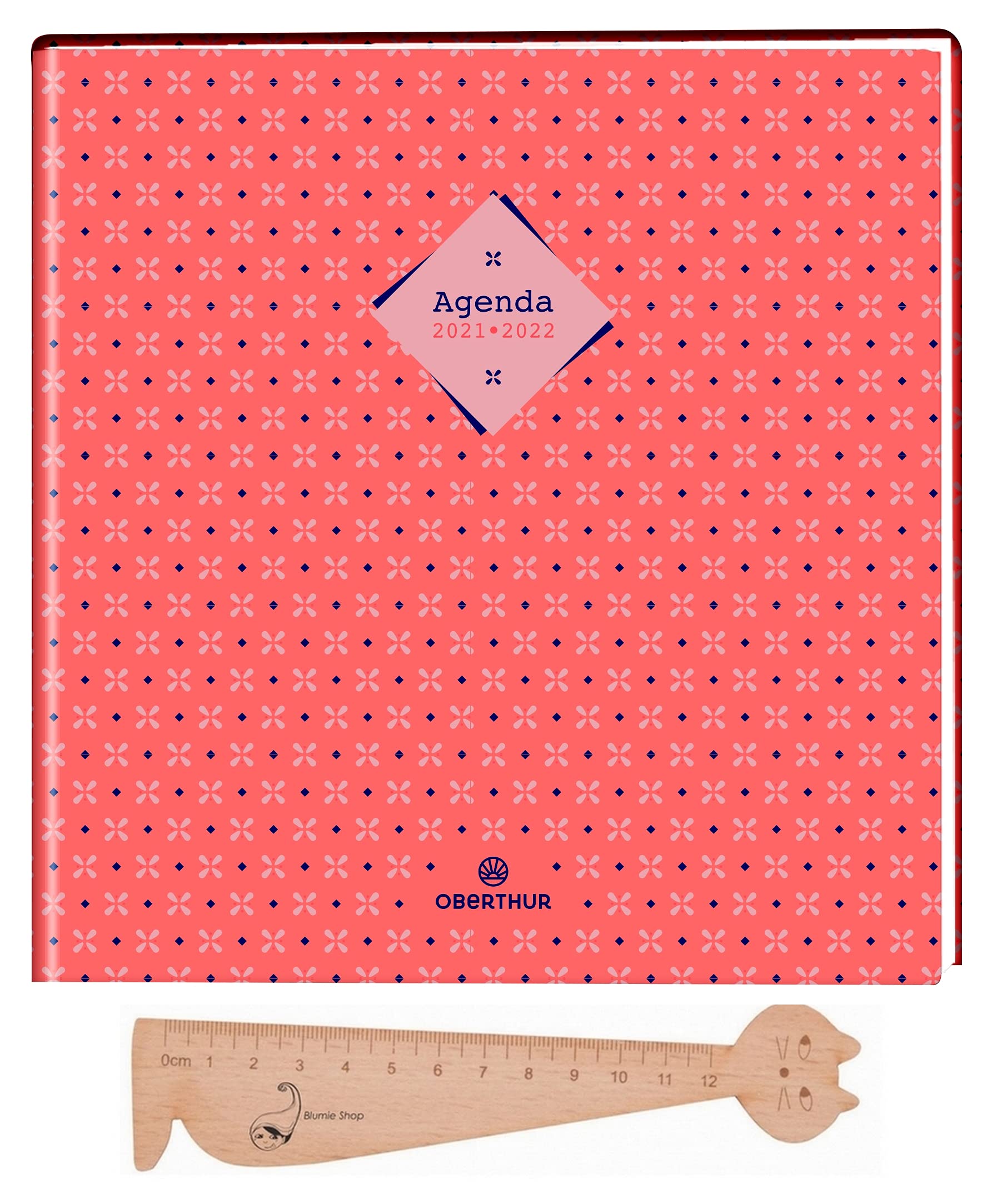 Oberthur Set Chelsea Diary September to September 2018 2019 – Coral 16.5 x 16.5 cm + 1 Wooden Ruler Page Marker Blumie