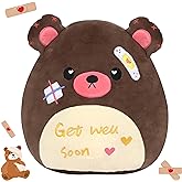 Easfan Get Well Soon Stuffed Bear Plush Pillow, Feel Better Injured Teddy Cozy Snuggle Toy Animal with Adhesive Bandage, Adorable Soft Gifts for Patients Boys Girls After Surgery, Brown, 13''