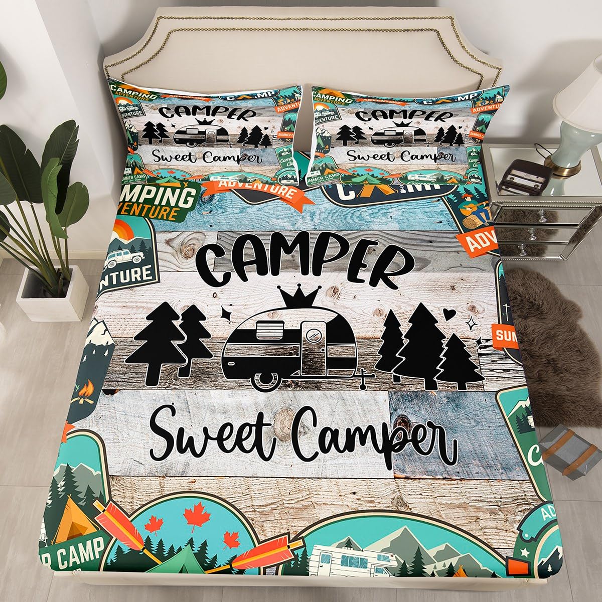 Camper Fitted Sheet Single Size, Camping RV trailer Trees Bed Cover with 1 Pillowcase, Grey Blue Wooden Plank Bedding Set 2pcs for Kids Boys Room Decor, Soft Polyester Bedding