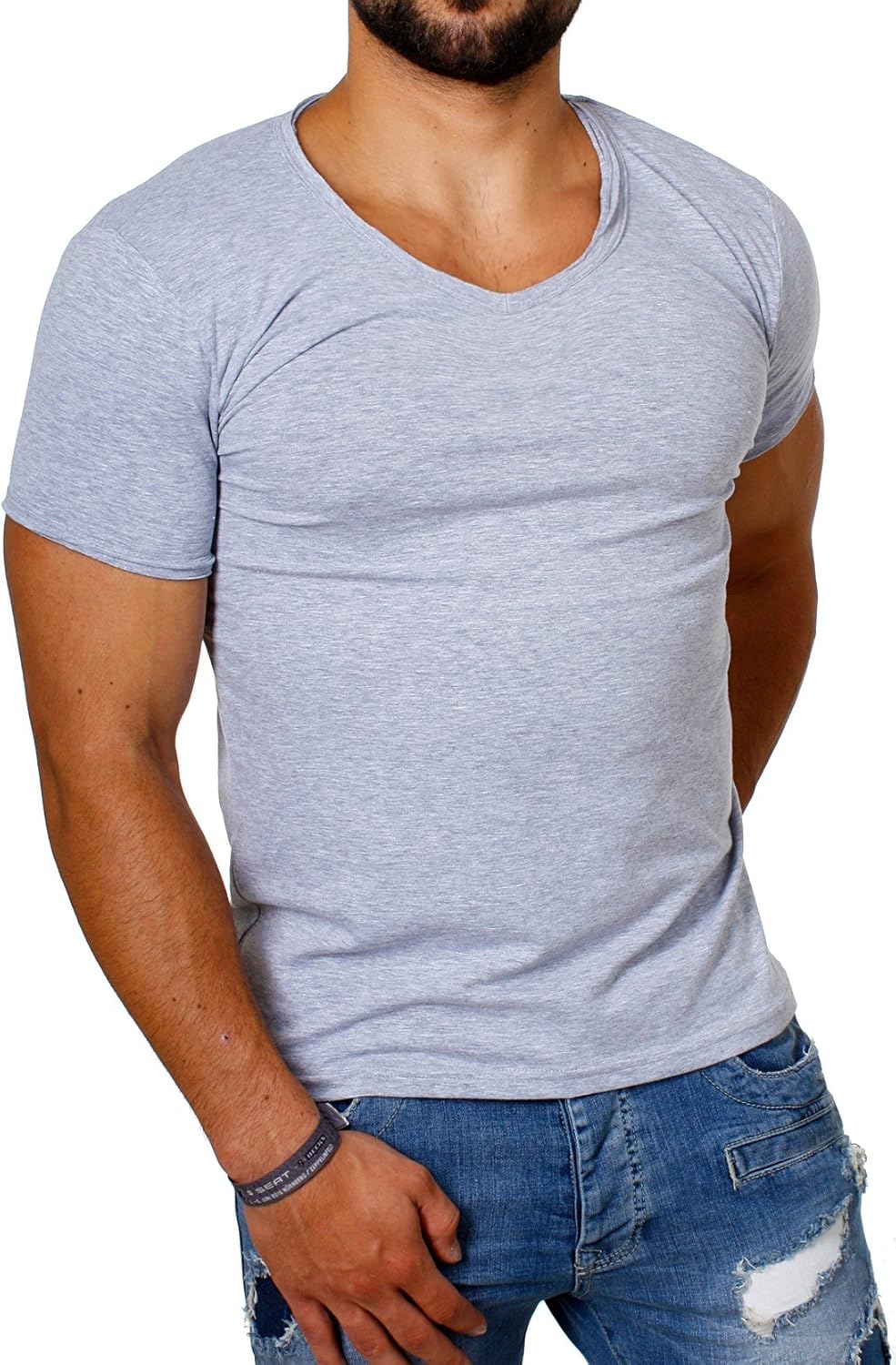 CARISMA Herren Uni Basic TShirt mit tiefem VAusschnitt Vintage Look Kragen Effekt einfarbig