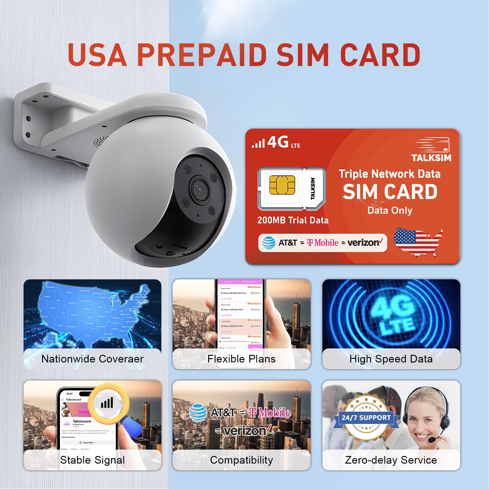 Prepaid 4G LTE Cellular SIM Card Support Verizon, AT&T and T-Mobile -200MB USA Data Only SIM for Unlocked Security Cameras/Router/Mobile WiFi Hotspot/Watch/GPS Tracker iot Devices