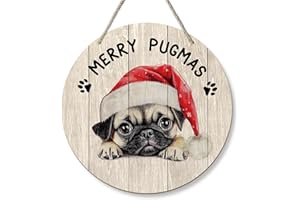 PHAMTE Dog Pug Merry Christmas Round Wreath Sign, Cute Merry Pugmas Farmhouse Wall Hanging Plaque Wood Sign, Rustic Festive Decor Decorations for Wall Pediments Door Porch Room Christmas 12 Inch