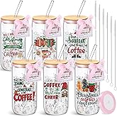 LemonRoad 6 Set 16 oz Clear Christmas Glass Cups with Bamboo Lids and Straws Beer Can Shaped Christmas Iced Coffee Glasses Tumblers with Appreciation Gift Cards and Pink Ribbons for Teacher Coworker